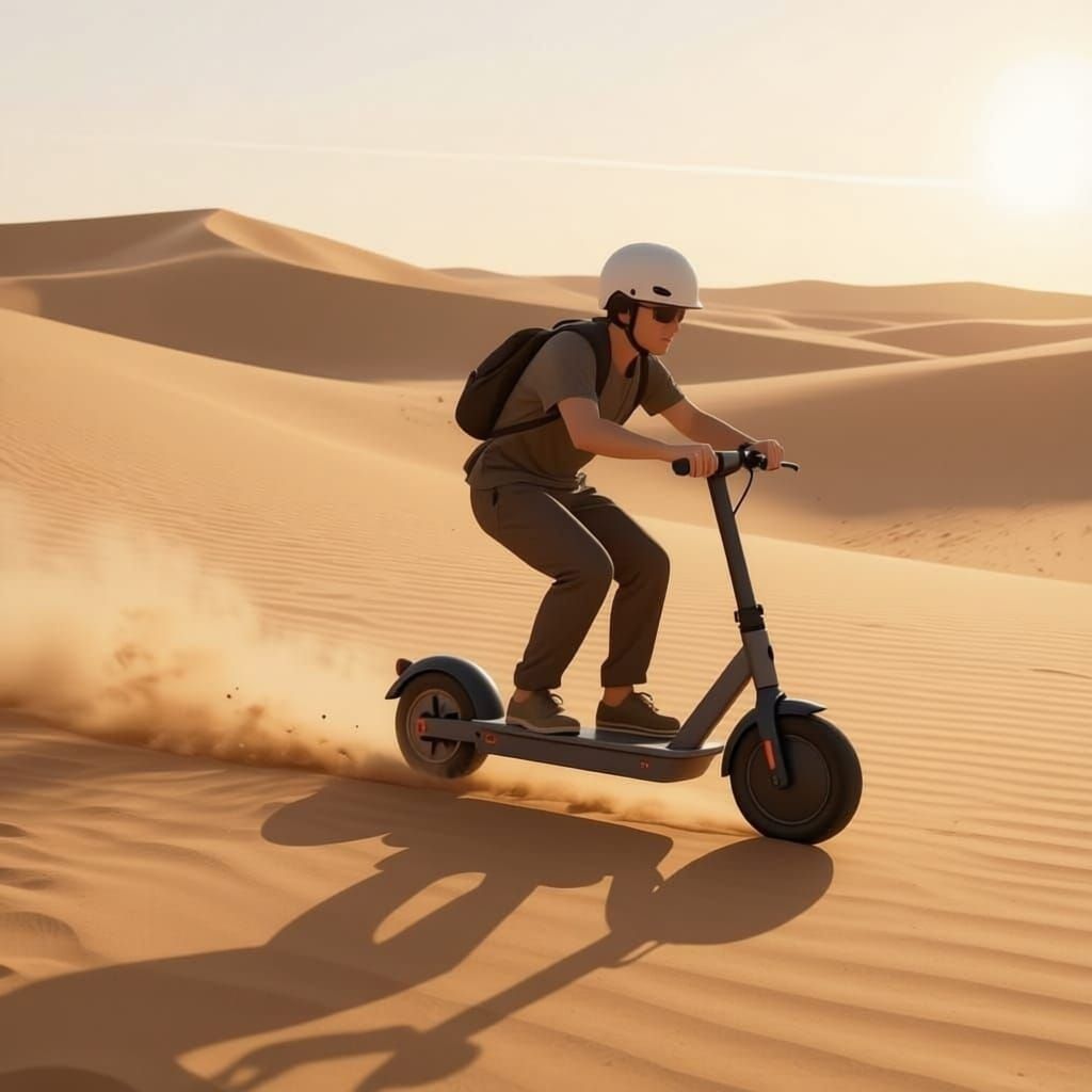 Electric Scooter Drifts Through Golden Sand Dunes