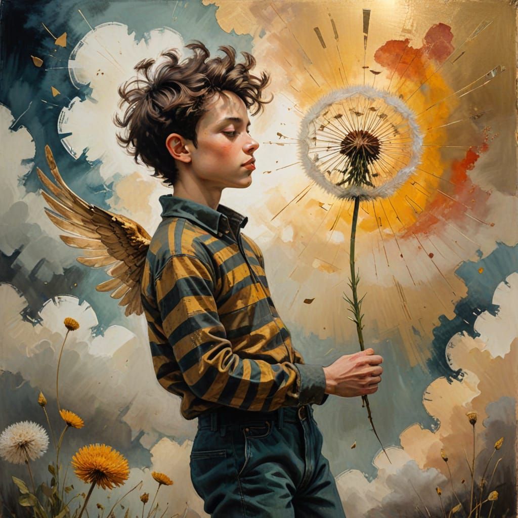 Surreal Existentialist Boy Soars Amidst Golden Hour Skies