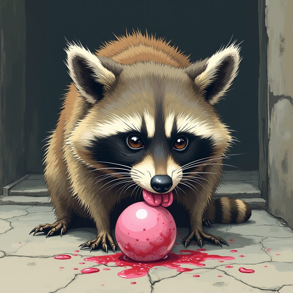 Gritty Raccoon Illustration with Unsettling Humor