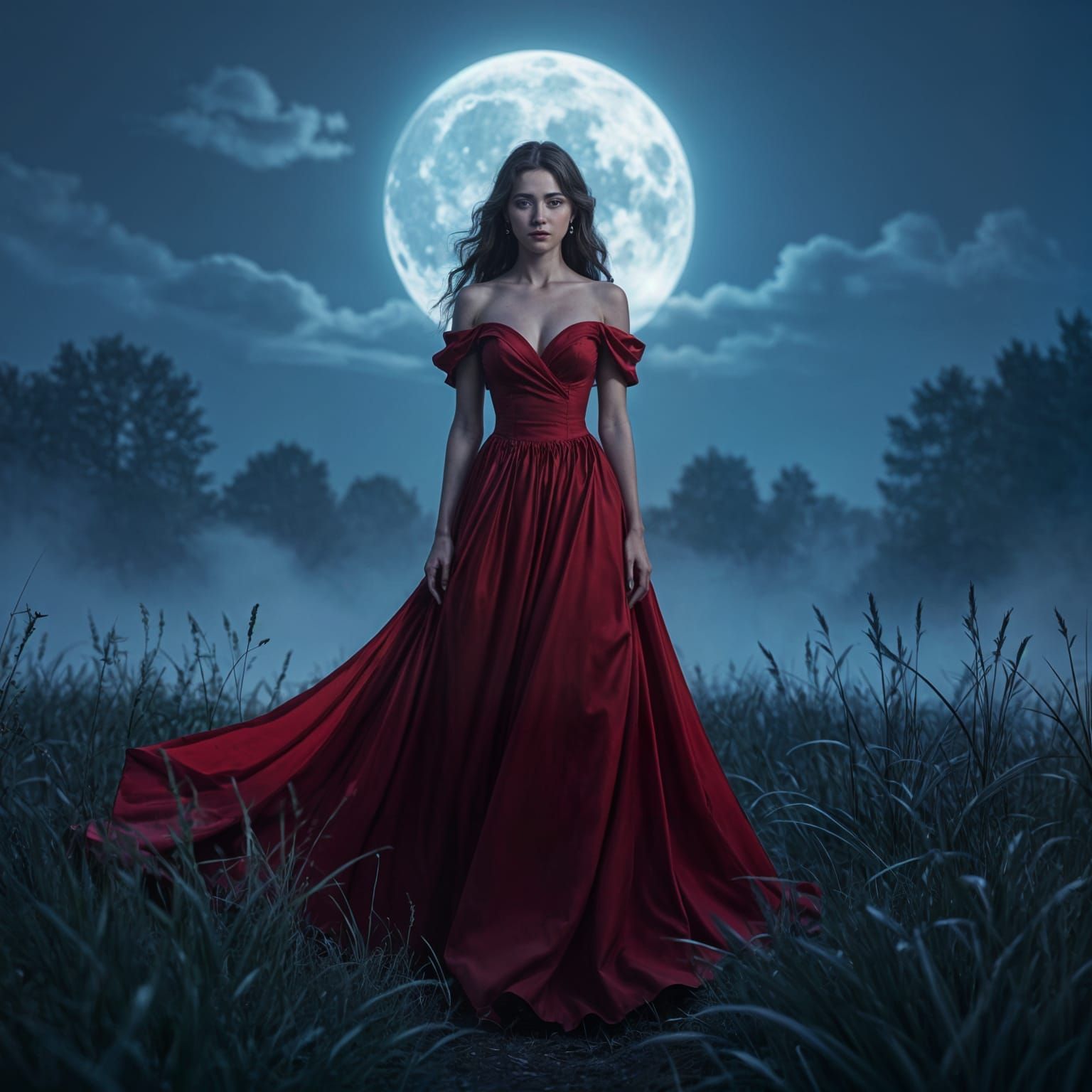 Crimson Gown Woman in Moonlit Field