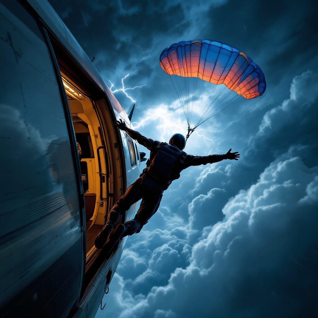 Skydiver Jumps into Storm: Comic Book Style Art