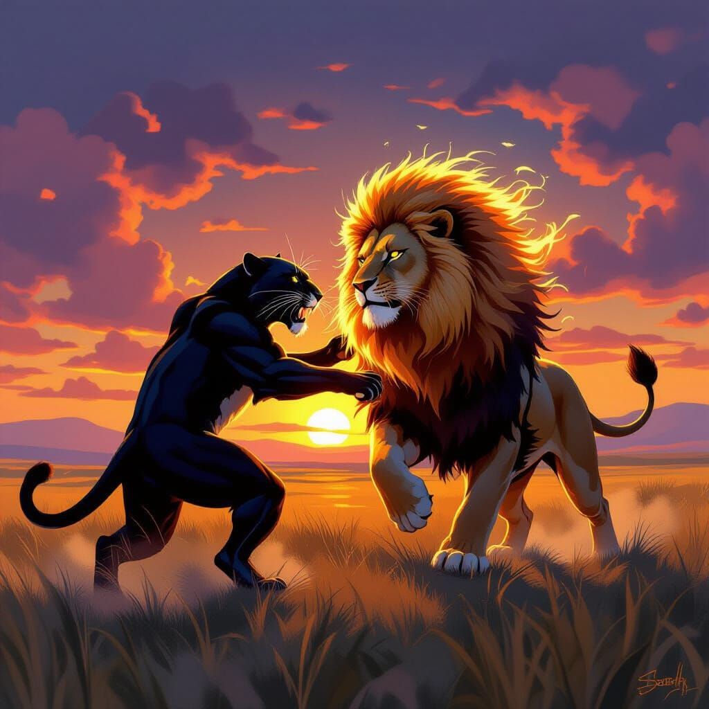 Panther and Lion Battle in Frazetta Style