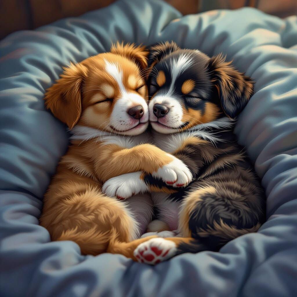 Two Puppies Sleeping Hugging in Bed - Fantasy Matte Painting
