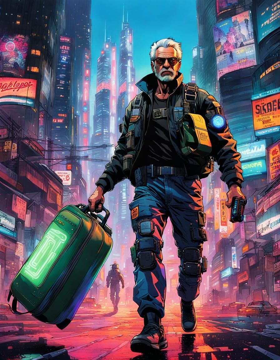 Cyberpunk Fugitive Running in Neon Cityscape