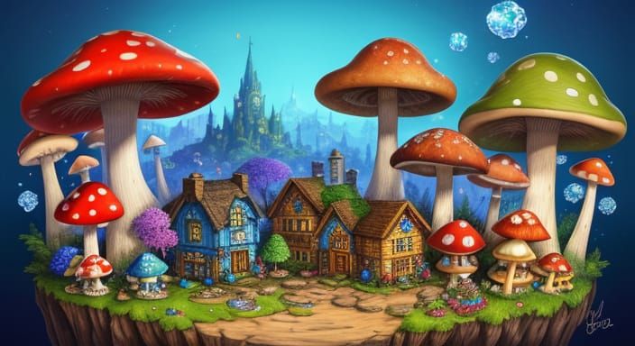 Enchanted Mushroom Village in Glittering Gemstones