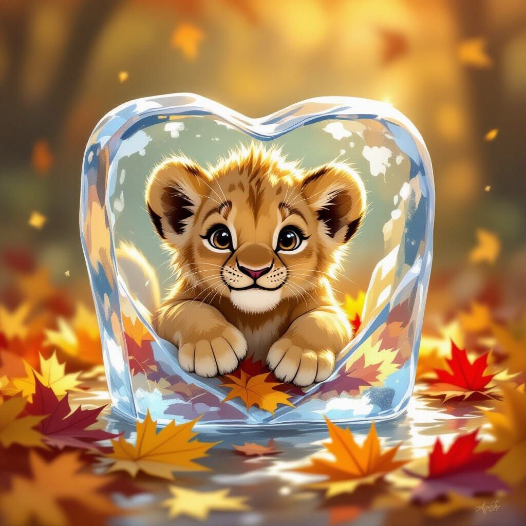 Lion Cub Playing in Heart Ice Cube with Autumn Leaves