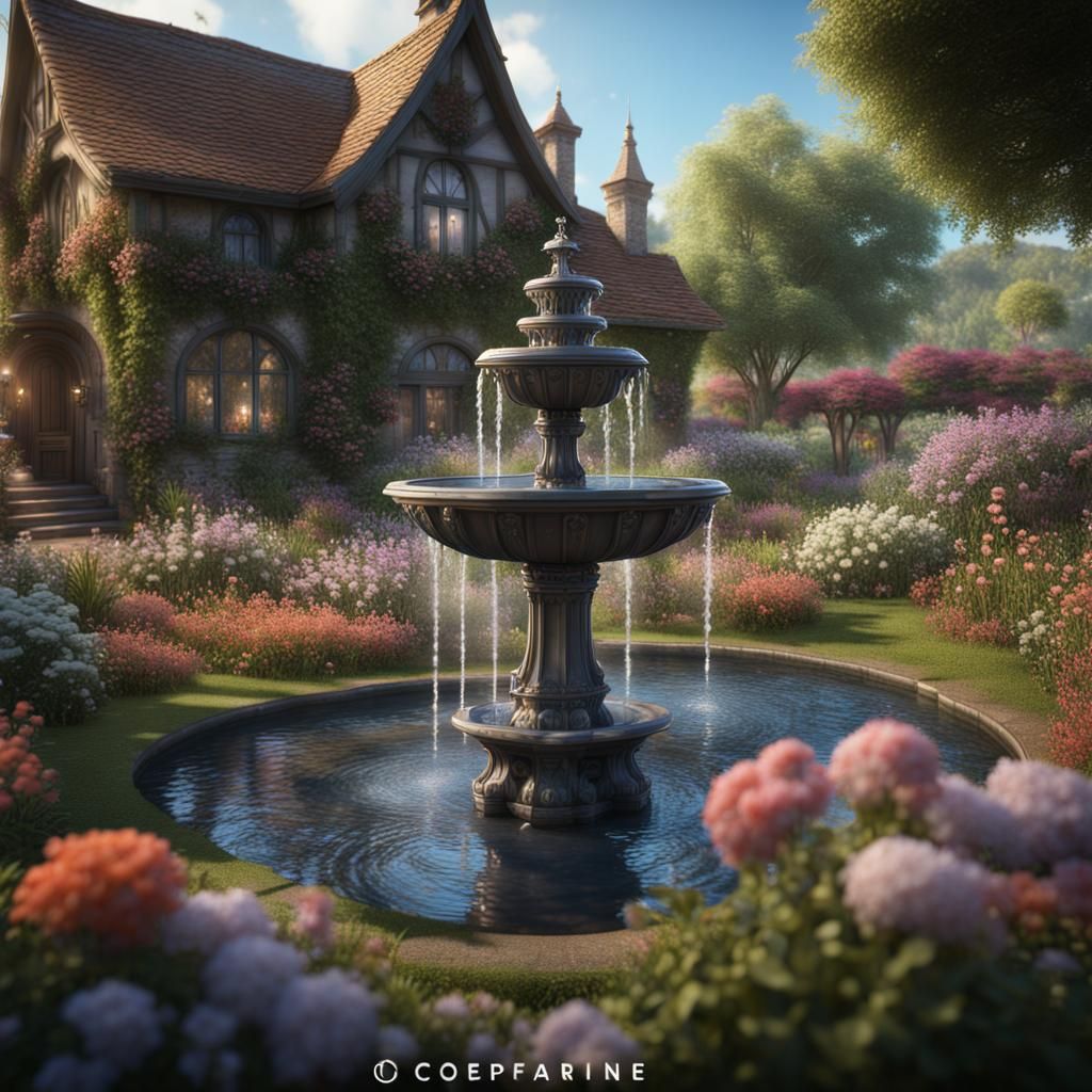 Cottage Garden with Floral Water Fountain