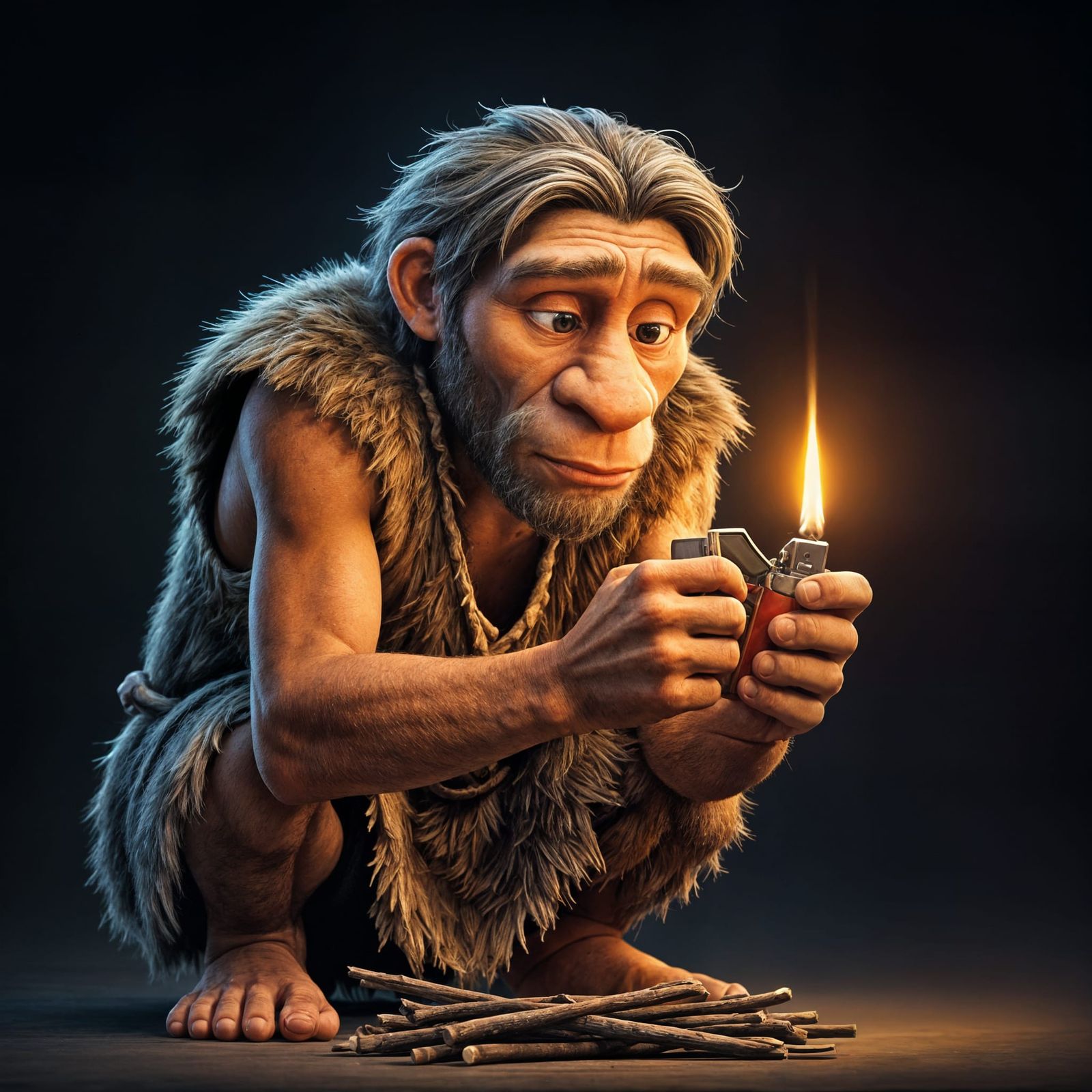 Neanderthal Discovers Lighter in Pixar Style