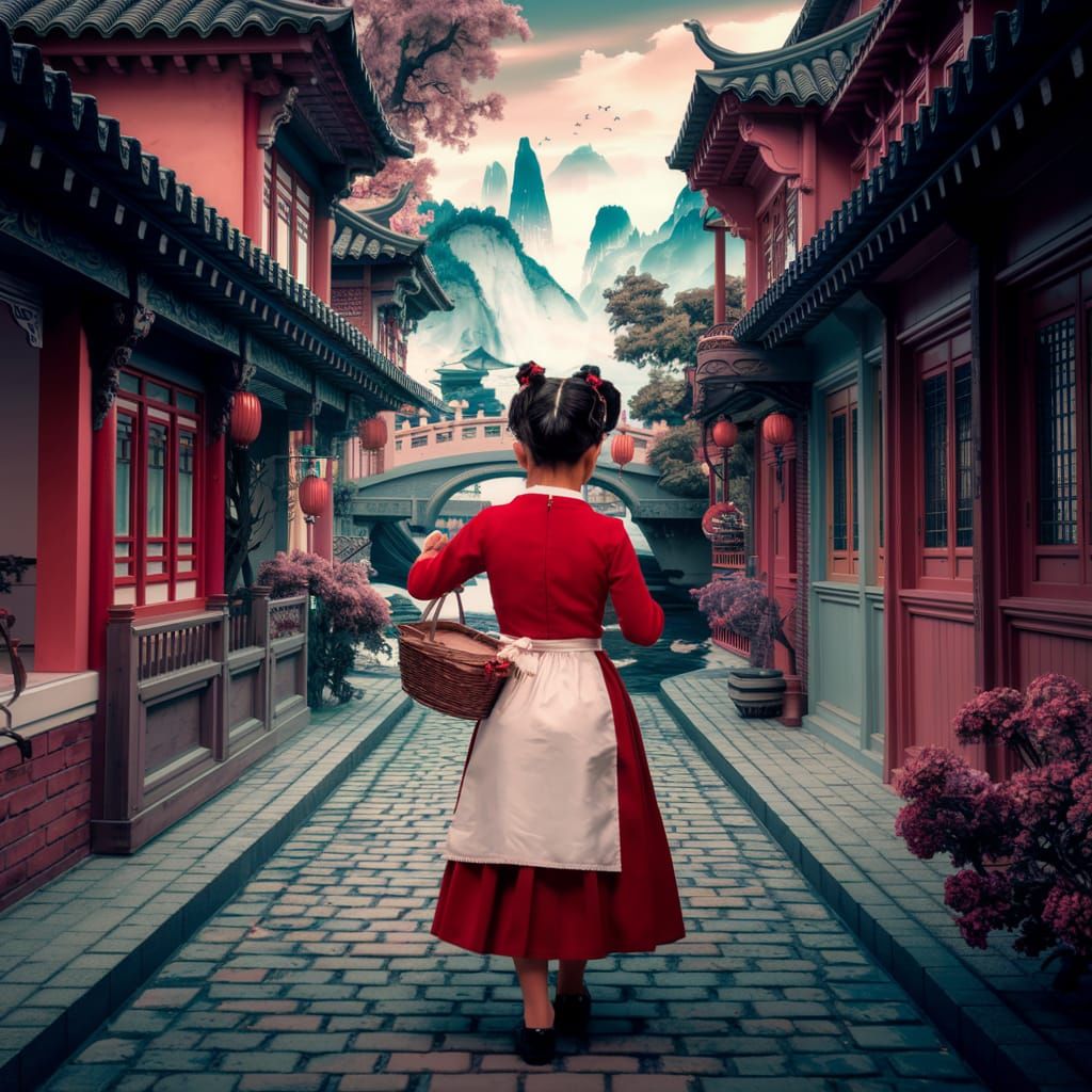 Chinese Girl in Red Dress Walking on Cobblestone Street