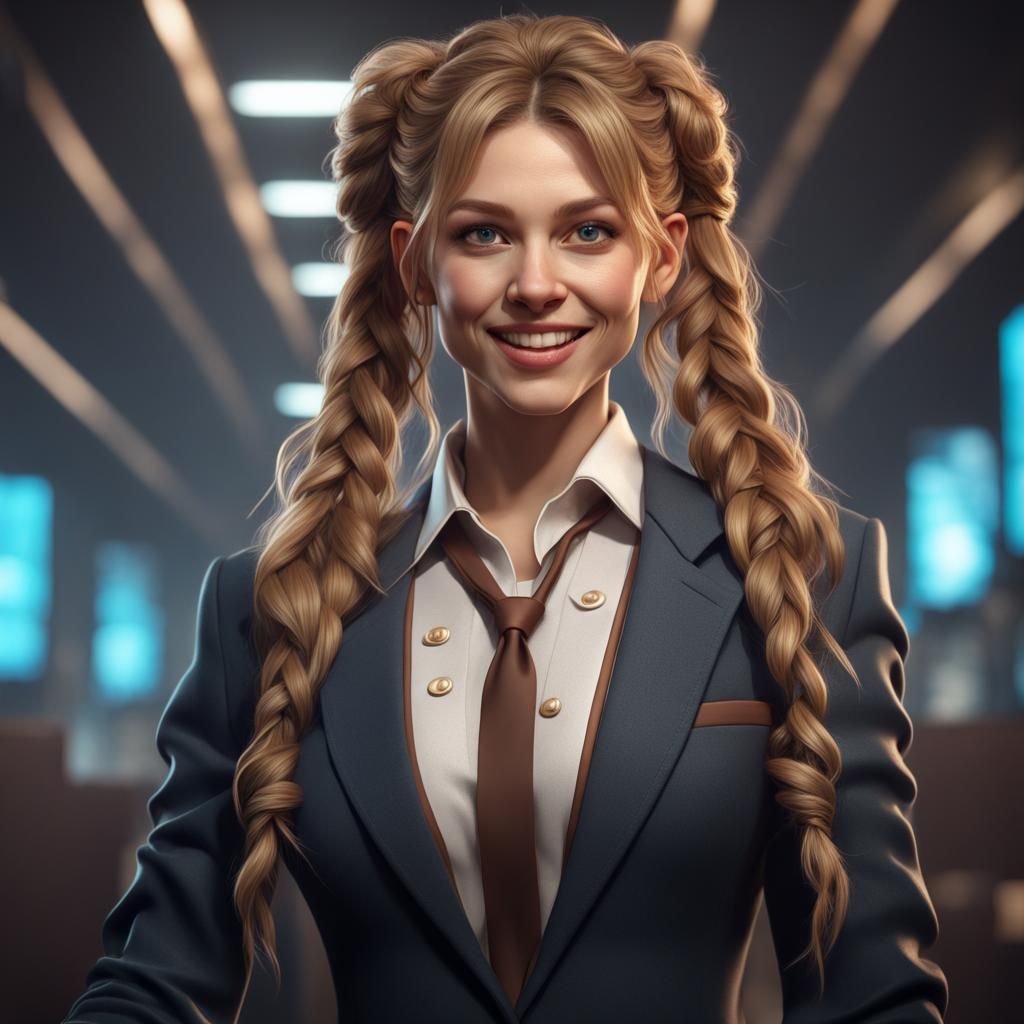 Woman with Pigtails Points in Detailed Digital Painting
