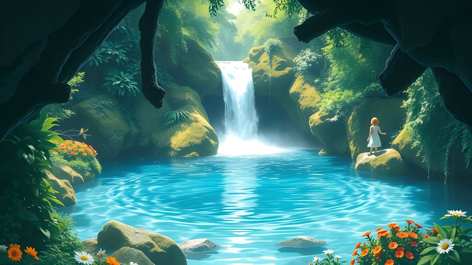 Enchanted Waterfall Scene in Ghibli Style