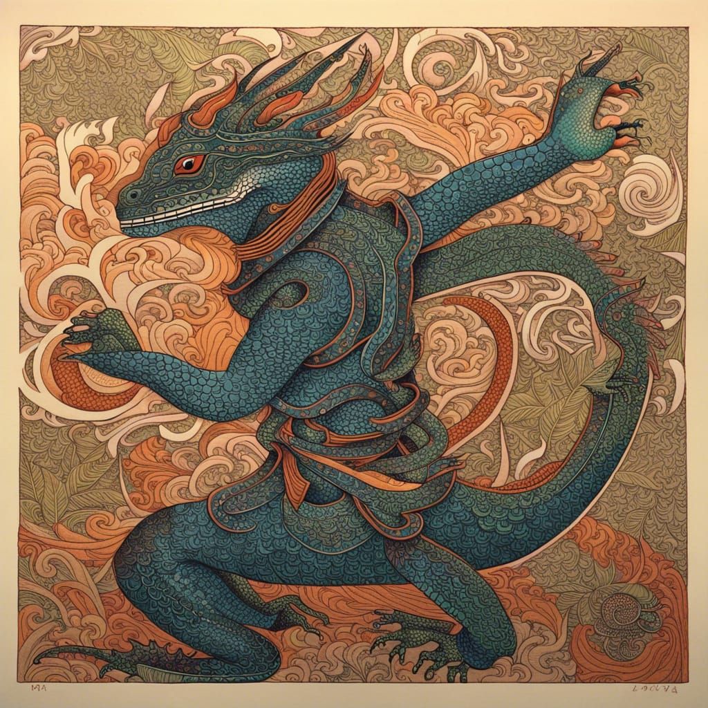 Korean Warrior Lizard in Wood Block Print