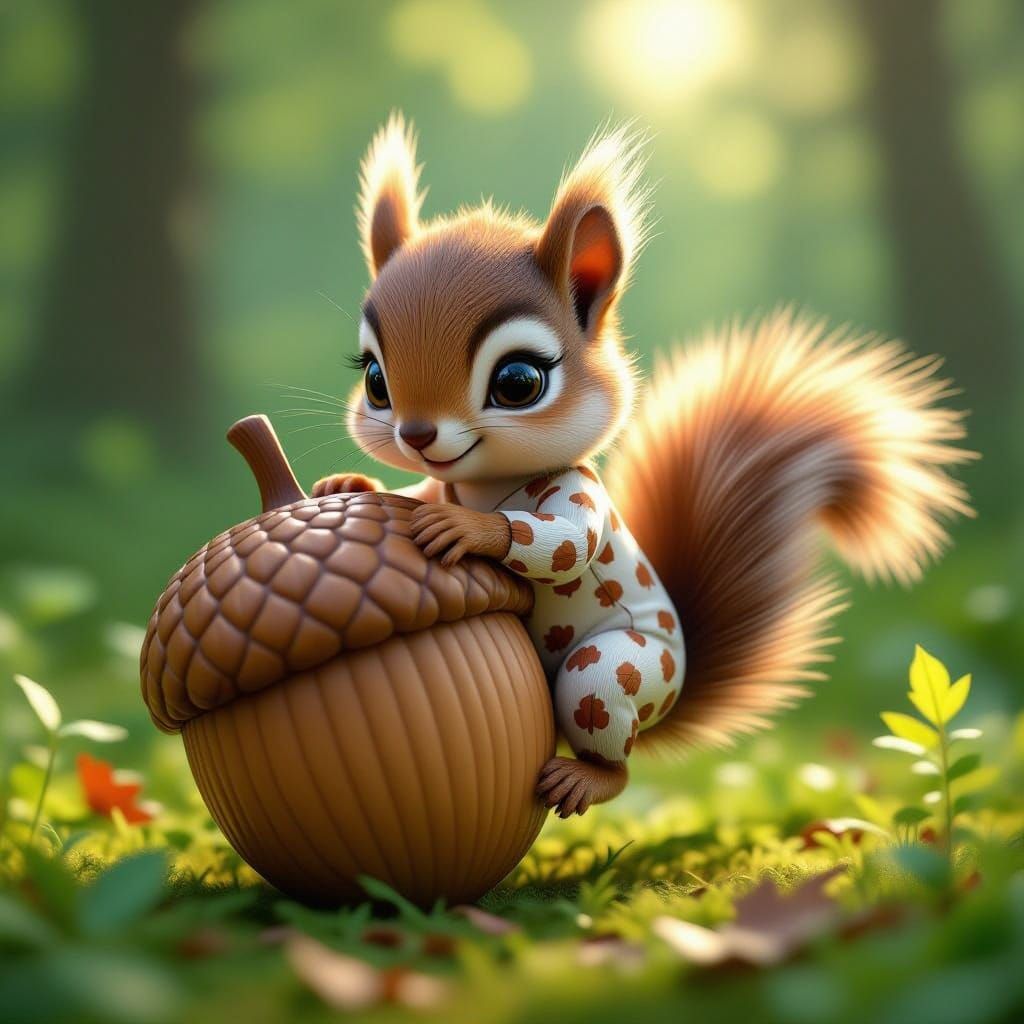 Chibi Squirrel Adorns Vibrant Forest Acorn in Stunning Hyper...