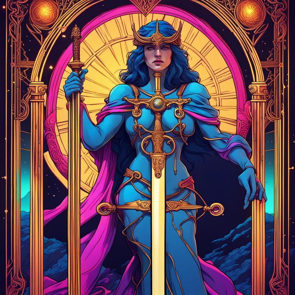 Justice Tarot Card in Synthwave Art Nouveau Style