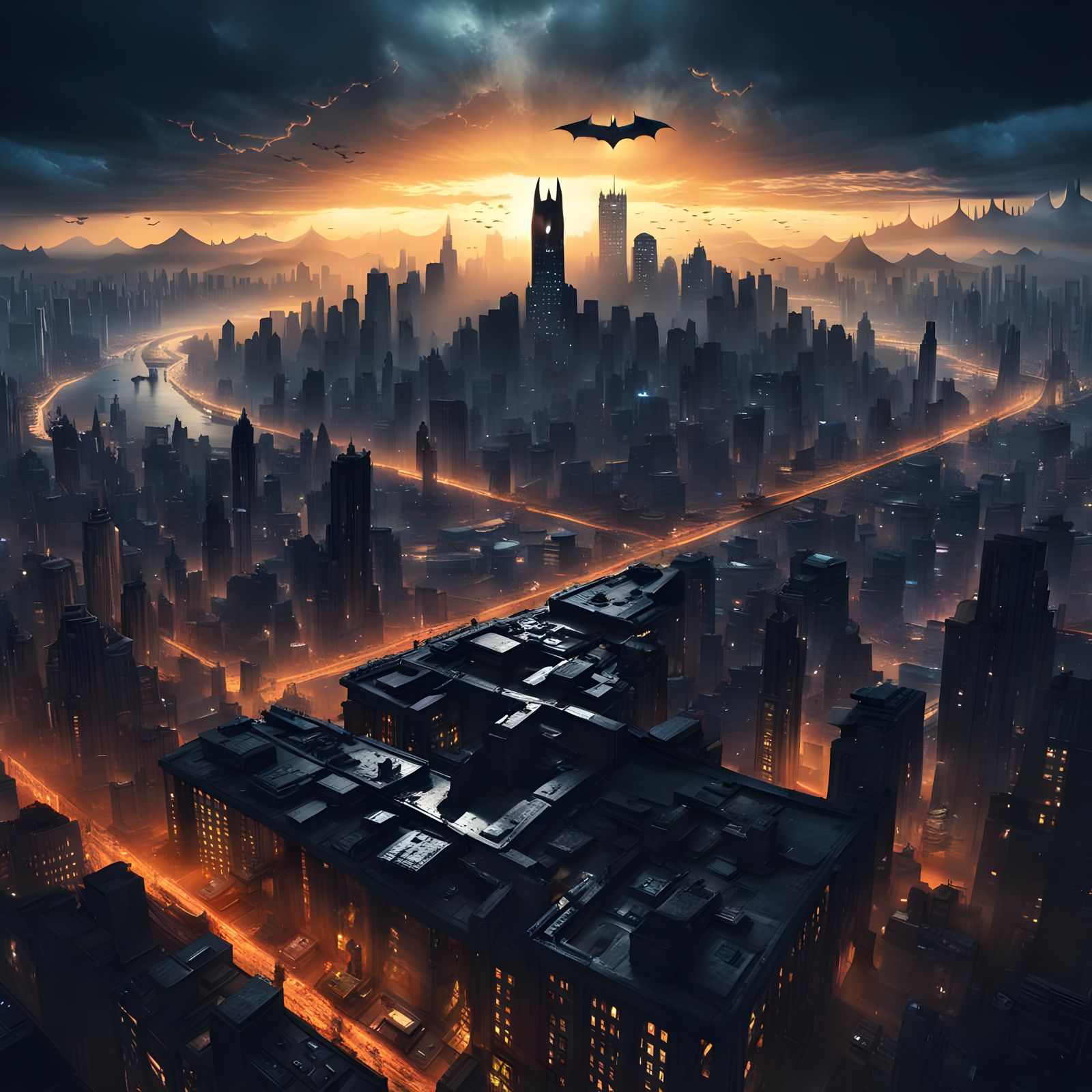 Dystopian Gotham City Skyline with Batman Light