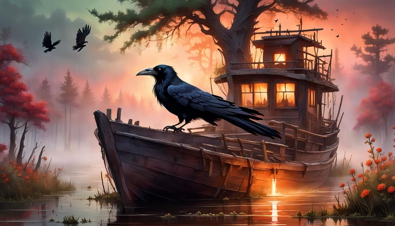 Majestic Raven in Mysterious Swampy Landscape