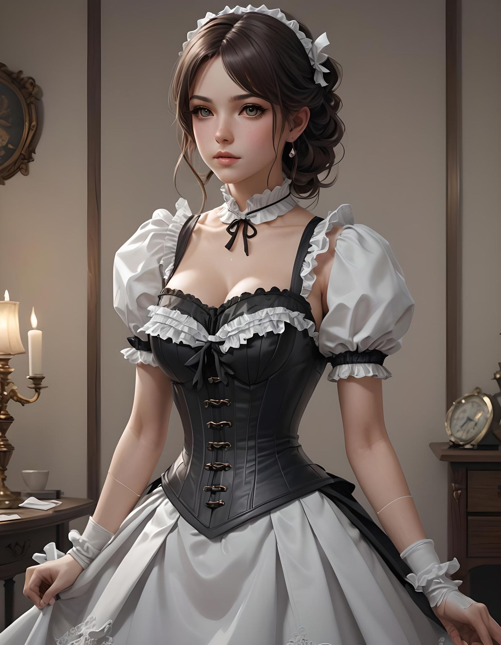 Brunette Maid in corset