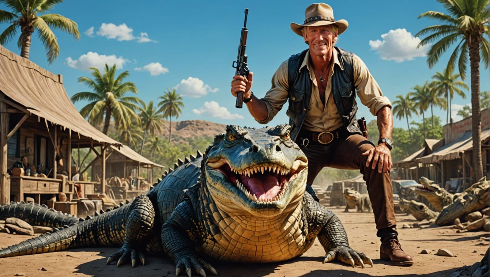 Crocodile Dundee and Crocodile in Detailed Matte Painting