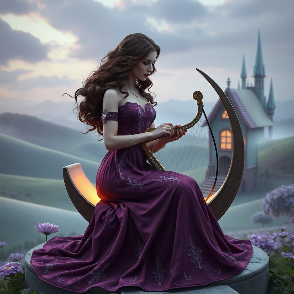 Whimsical Fantasy Lady Plays Harp on Porch of Enchanted Stor...