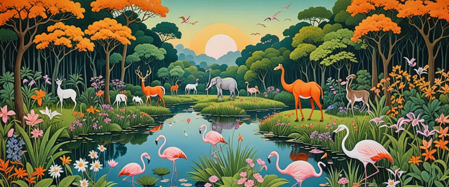 Mystical Forest Glade in Naive Folk Art Style