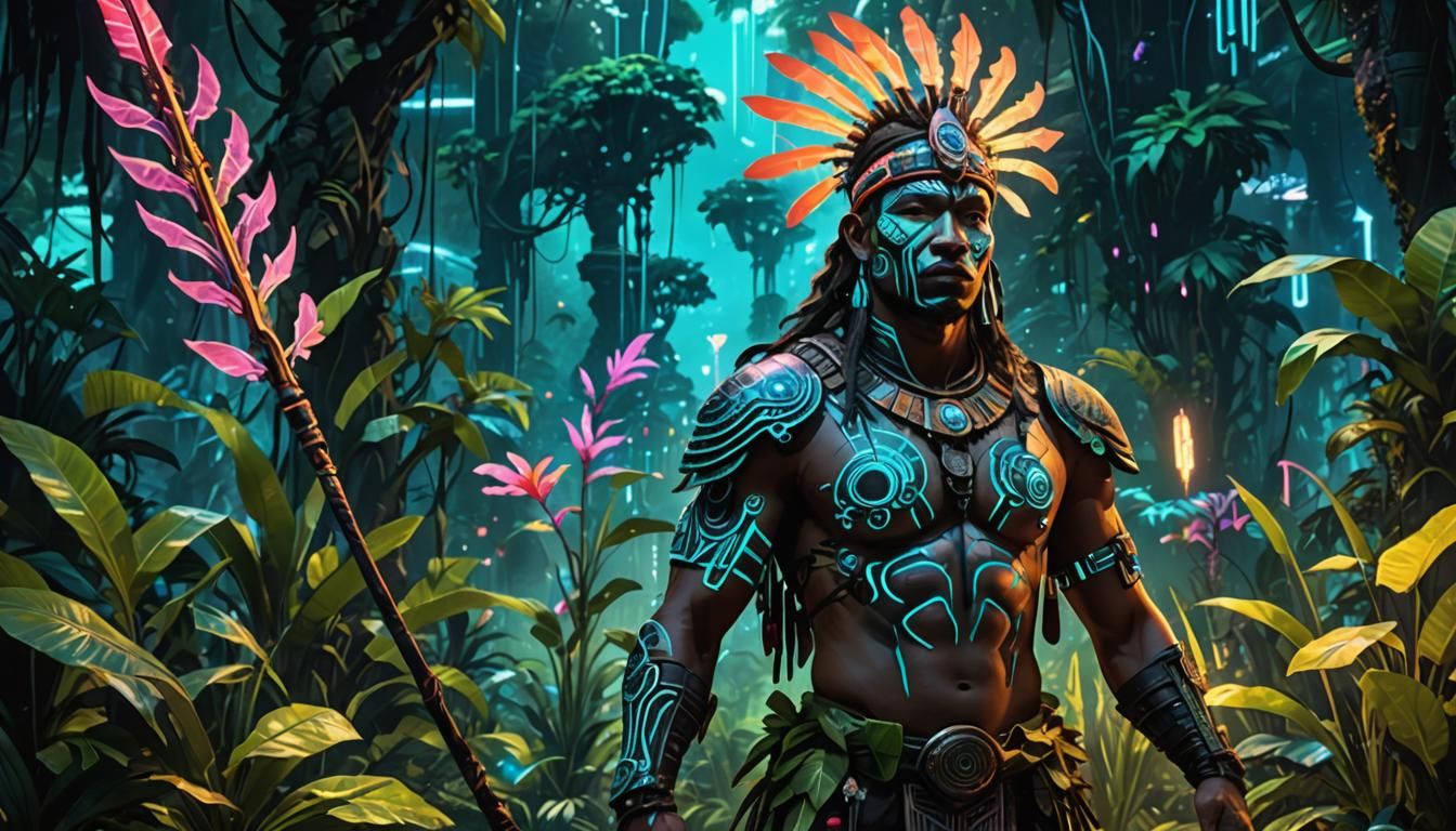 Cyberpunk Indigenous Warrior in Bioluminescent Jungle