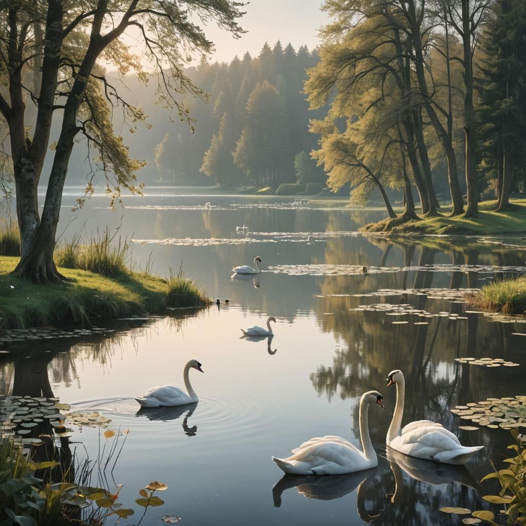 Serene Lake Scene with Swans