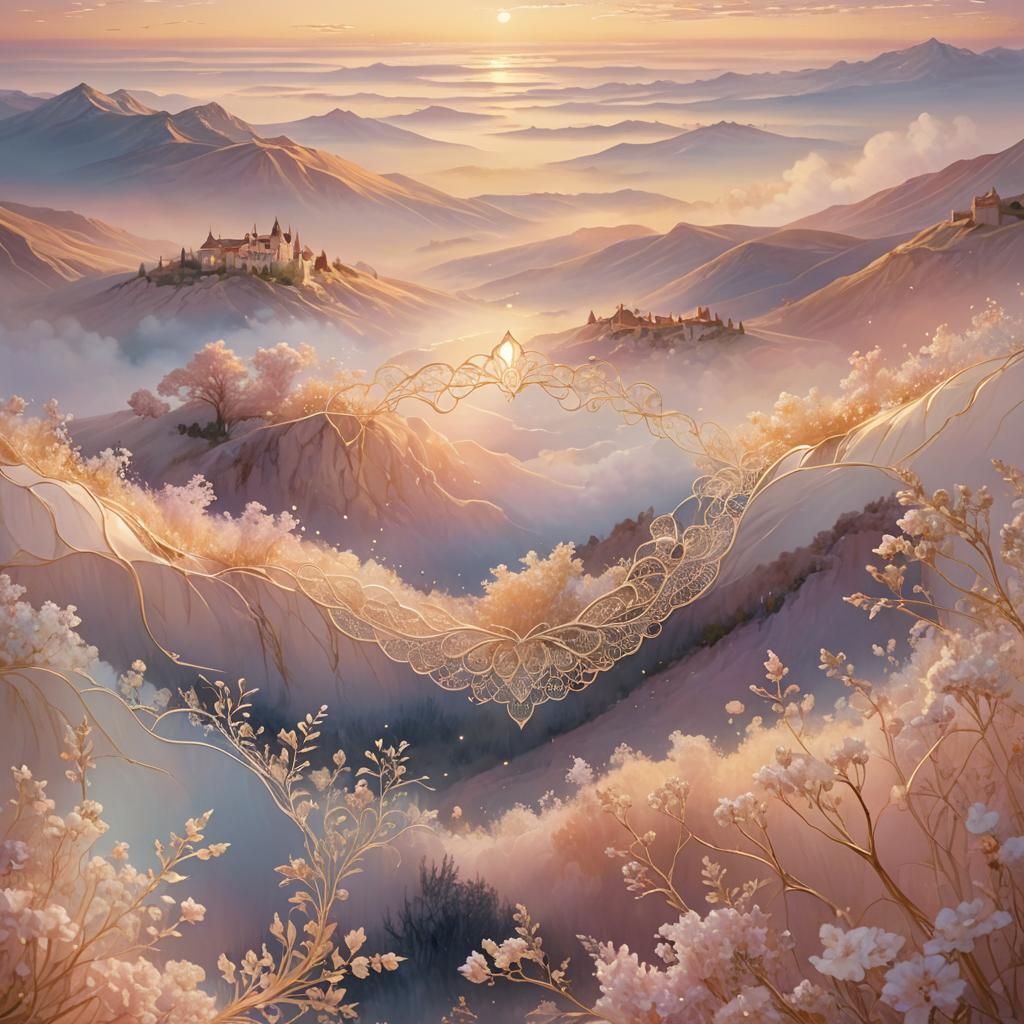 Ethereal Fantasy Art: Golden Light and Pastel Sky