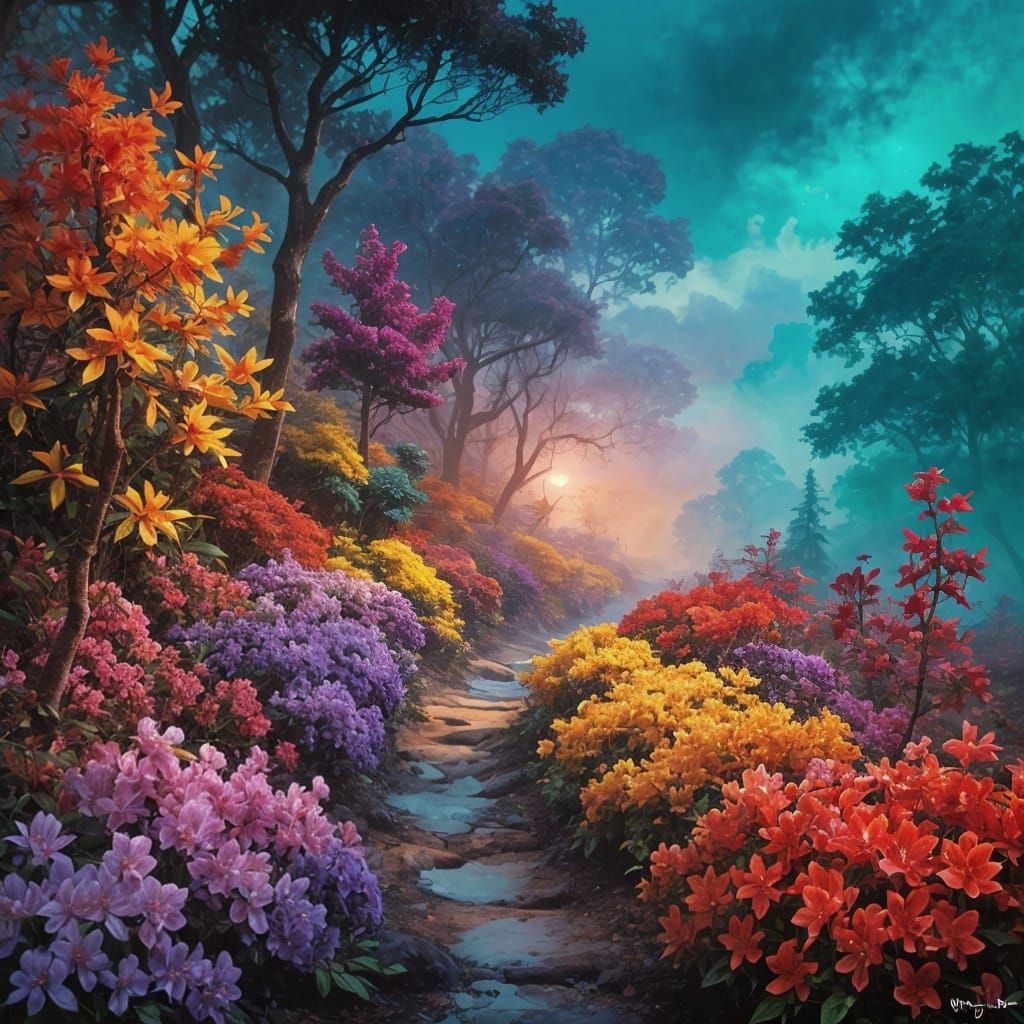 Vibrant Rhododendron Path in a Whimsical Australian Village