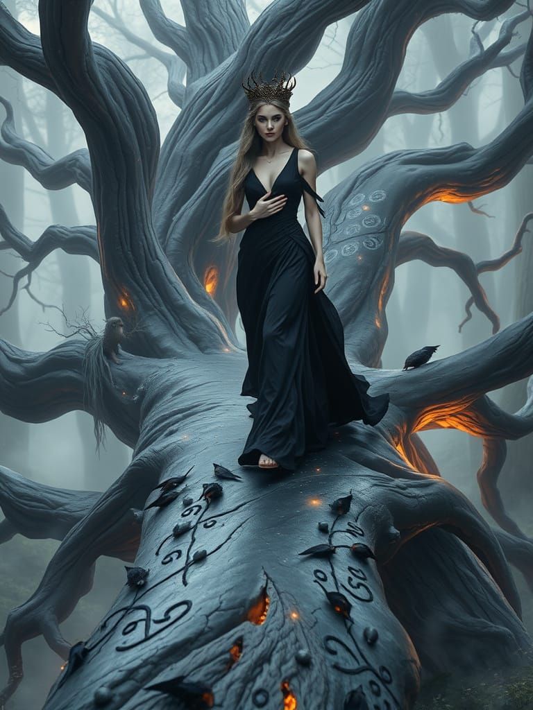 Dark Elf Queen Amidst Eerie Silver Mist