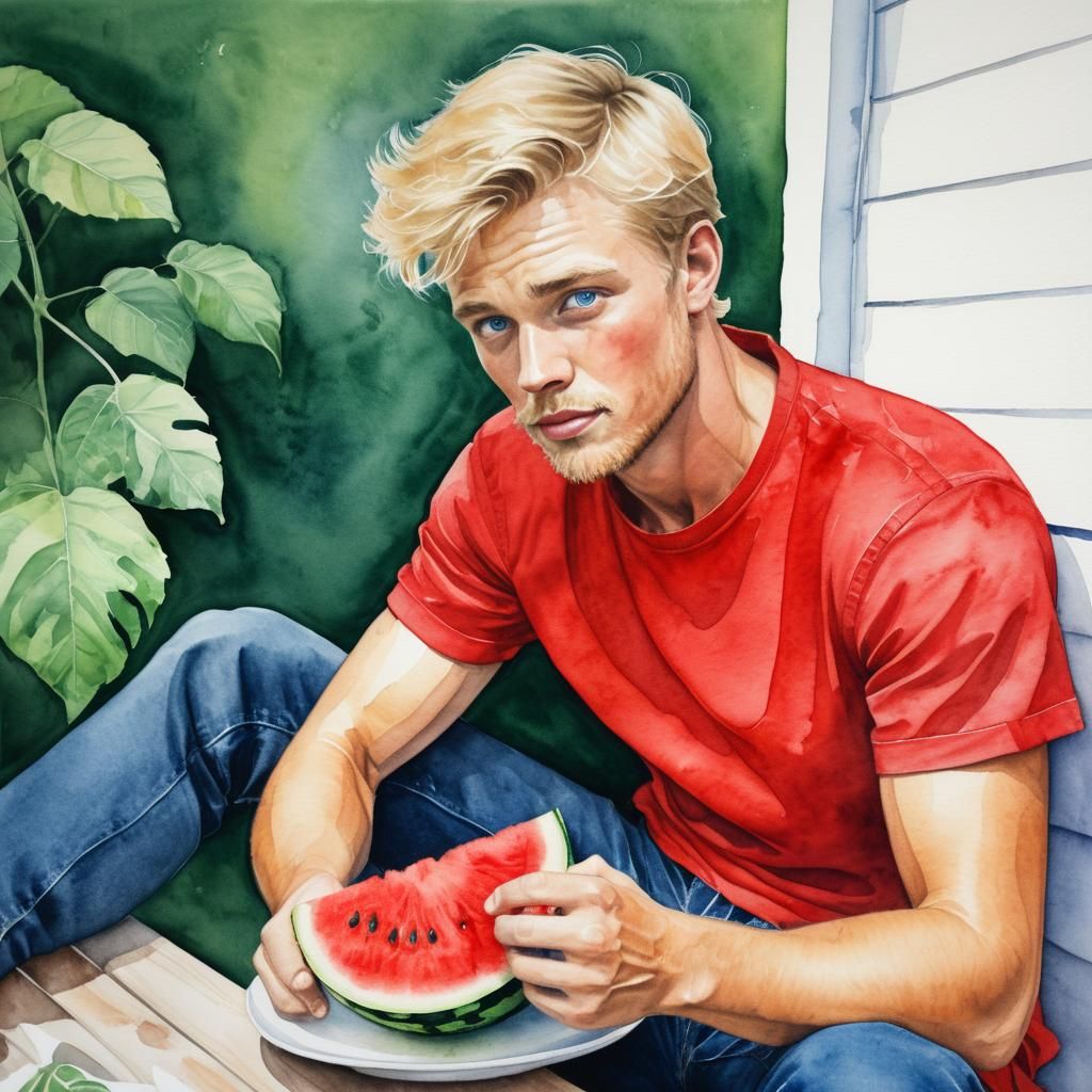Man with Watermelon: A Watercolor Painting