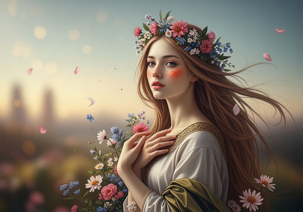Art Nouveau Girl Amidst Flowers, Botticelli Drawing Style