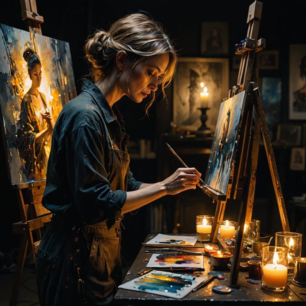 Woman Painting in Candlelight: A Surreal Masterpiece