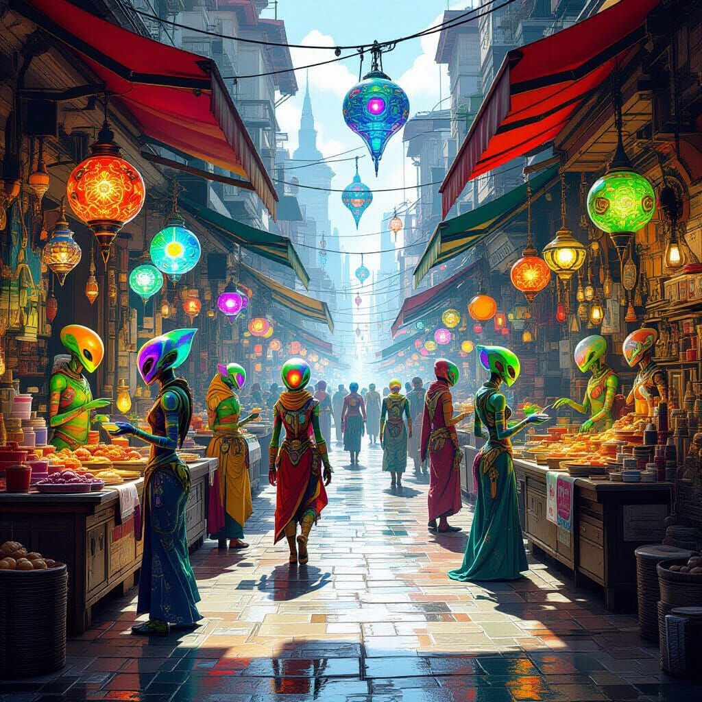 Vibrant Alien Market Street Illustration