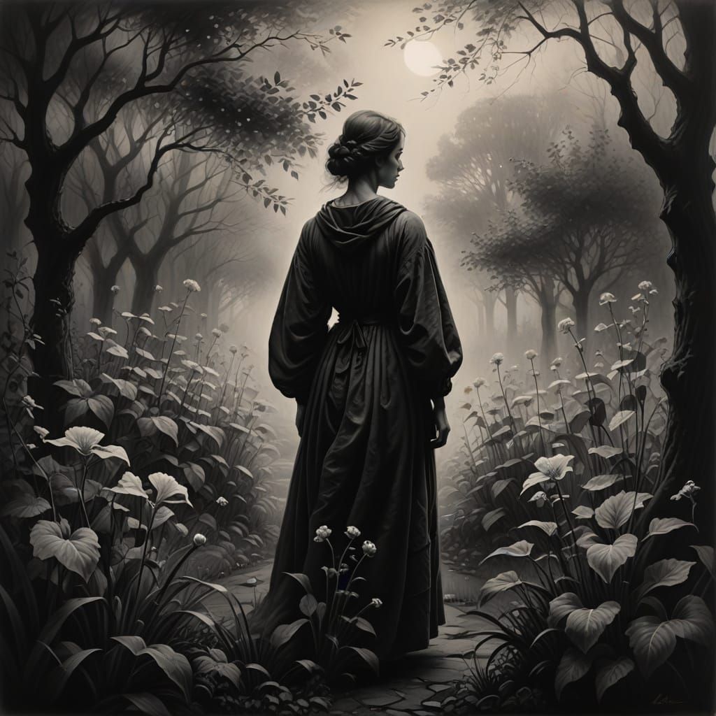 Monochromatic Figure in Dreamlike Garden, Charcoal Style