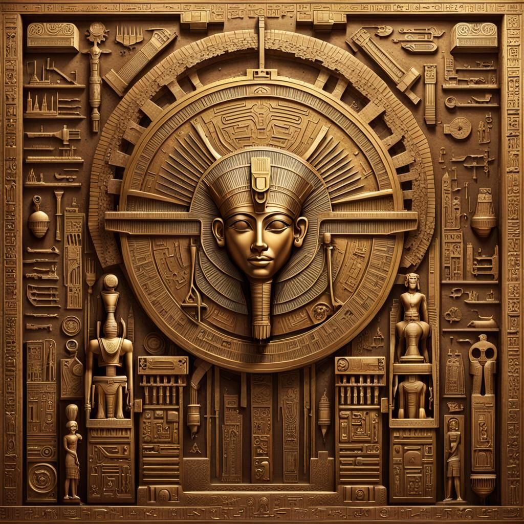 carved hieroglyph-adorned ancient Egyptian machinery stands ...