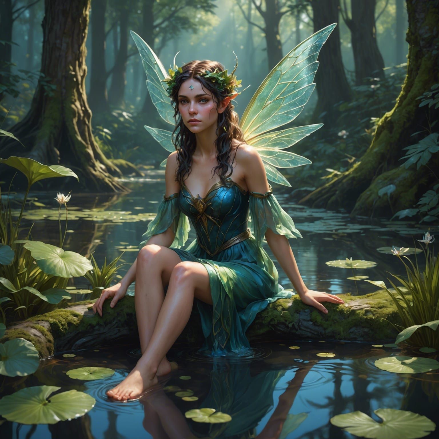 A water faery sitting with her feet in a forest pond