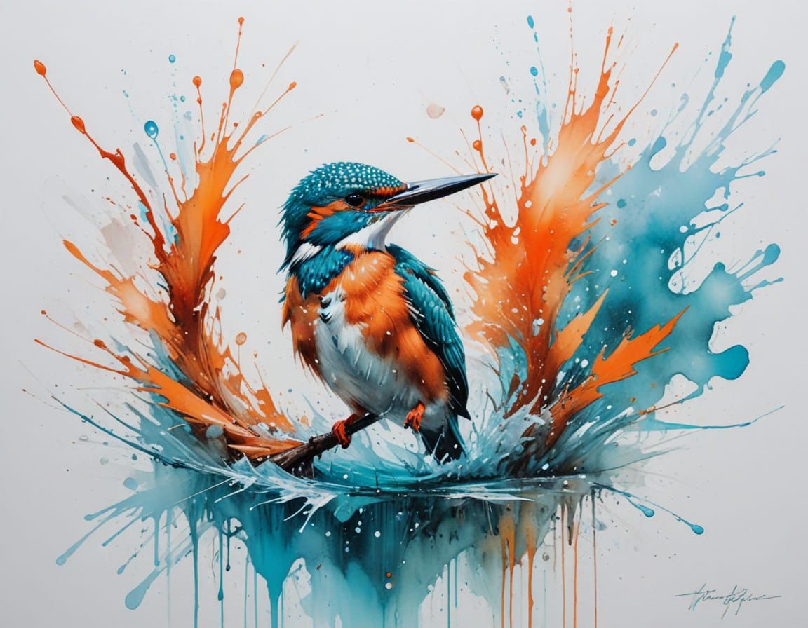 Kingfisher Mid-Dive in Vivid Watercolor Style