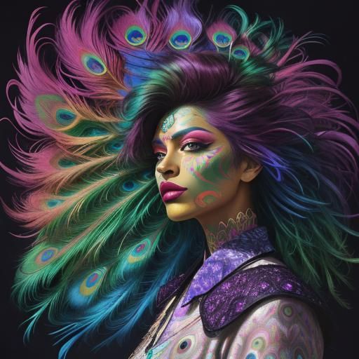 Psychedelic Portrait with Peacock Feathers, Expressionist St...