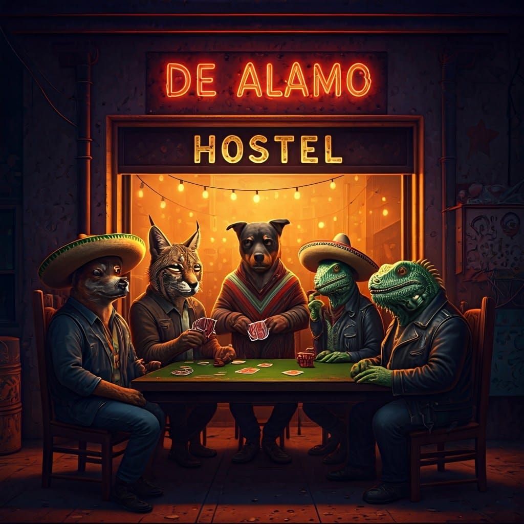 Mexican Cantina Poker Game in Lively Mural Style