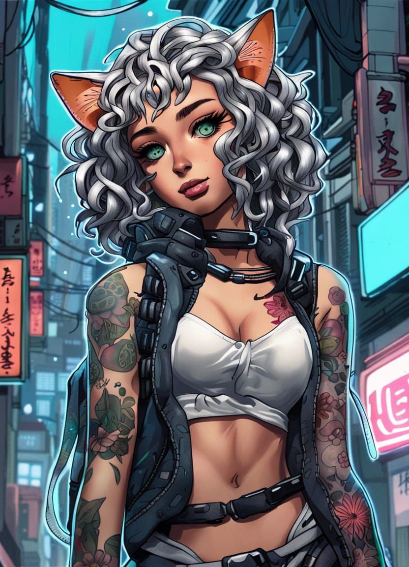 Cyberpunk Astronaut Cat-Girl in Ukiyo-e Anime Style