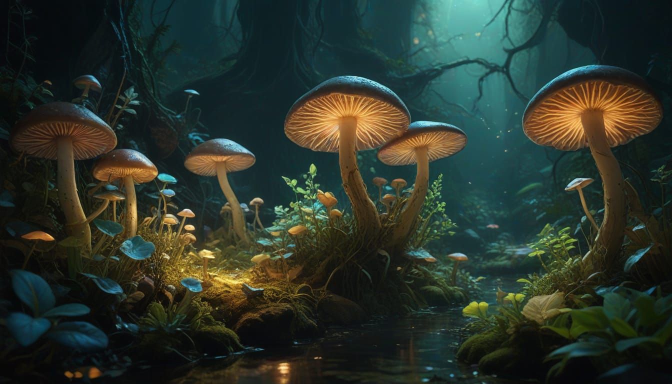 Bioluminescent Subterranean Biome in Oil Painting Style