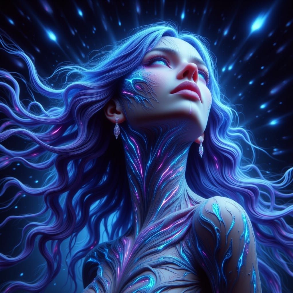 Ethereal Girl in Celestial Galaxy with Iridescent Hair and E...