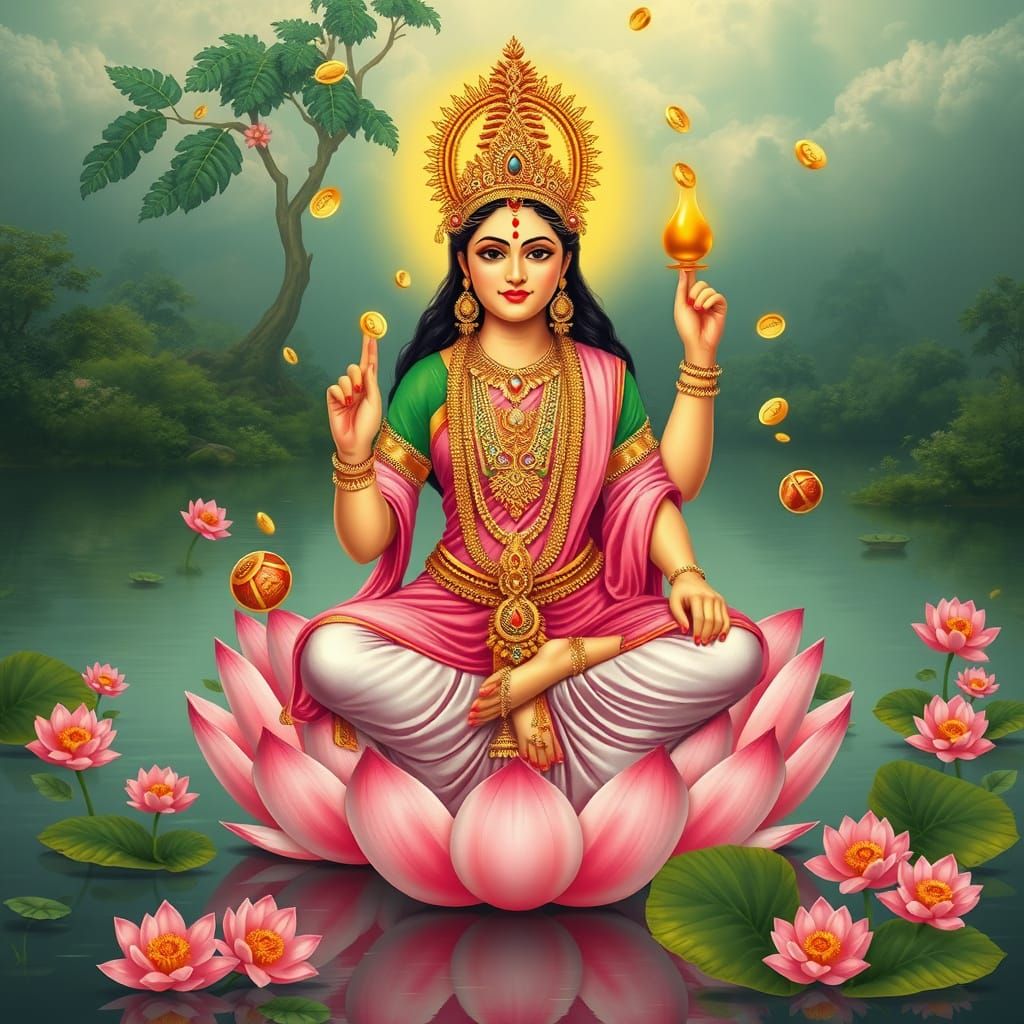 Benevolent Goddess Lakshmi Maa on Lotus Throne in Vibrant In...