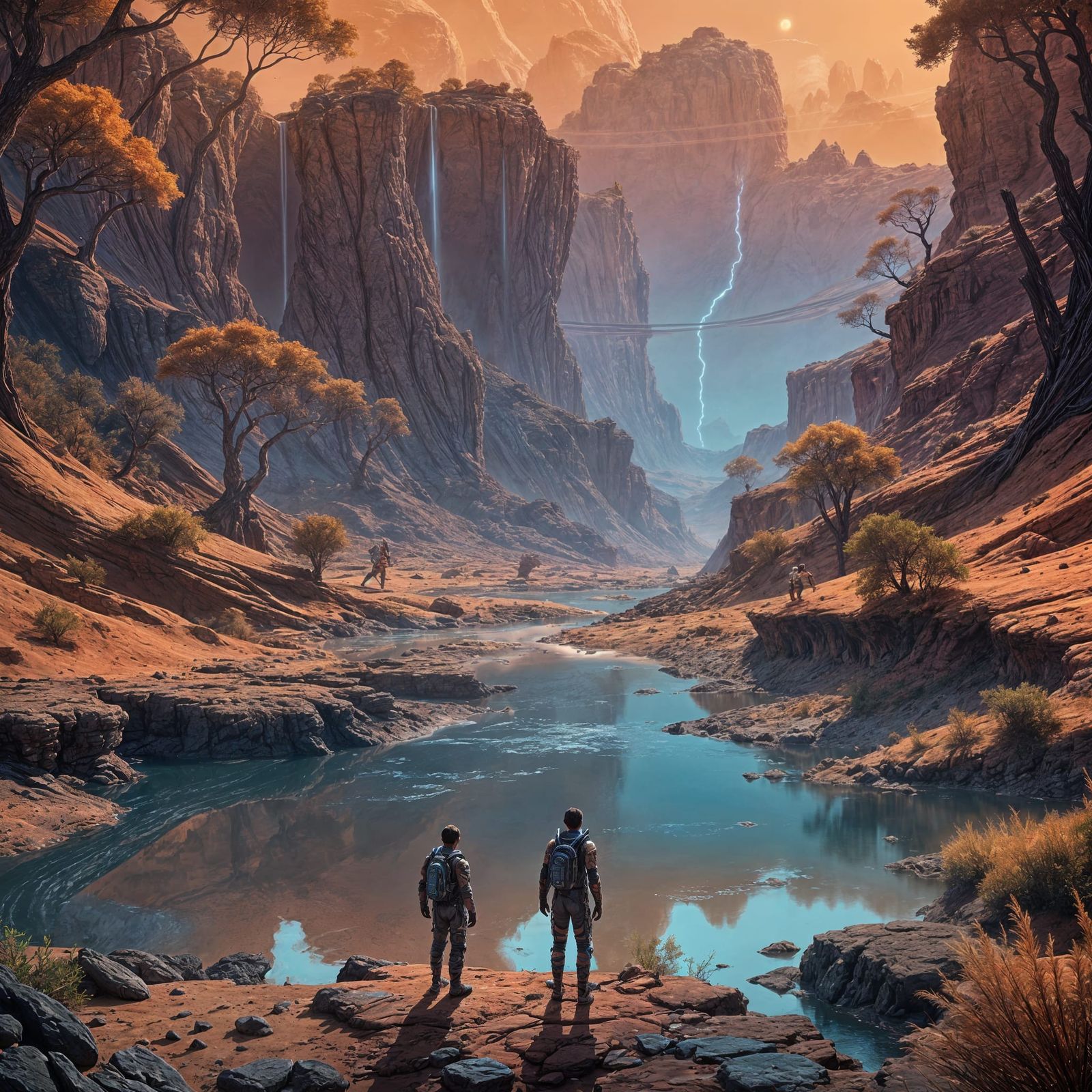 Boy on Terraformed Mars with River: Detailed Matte Painting