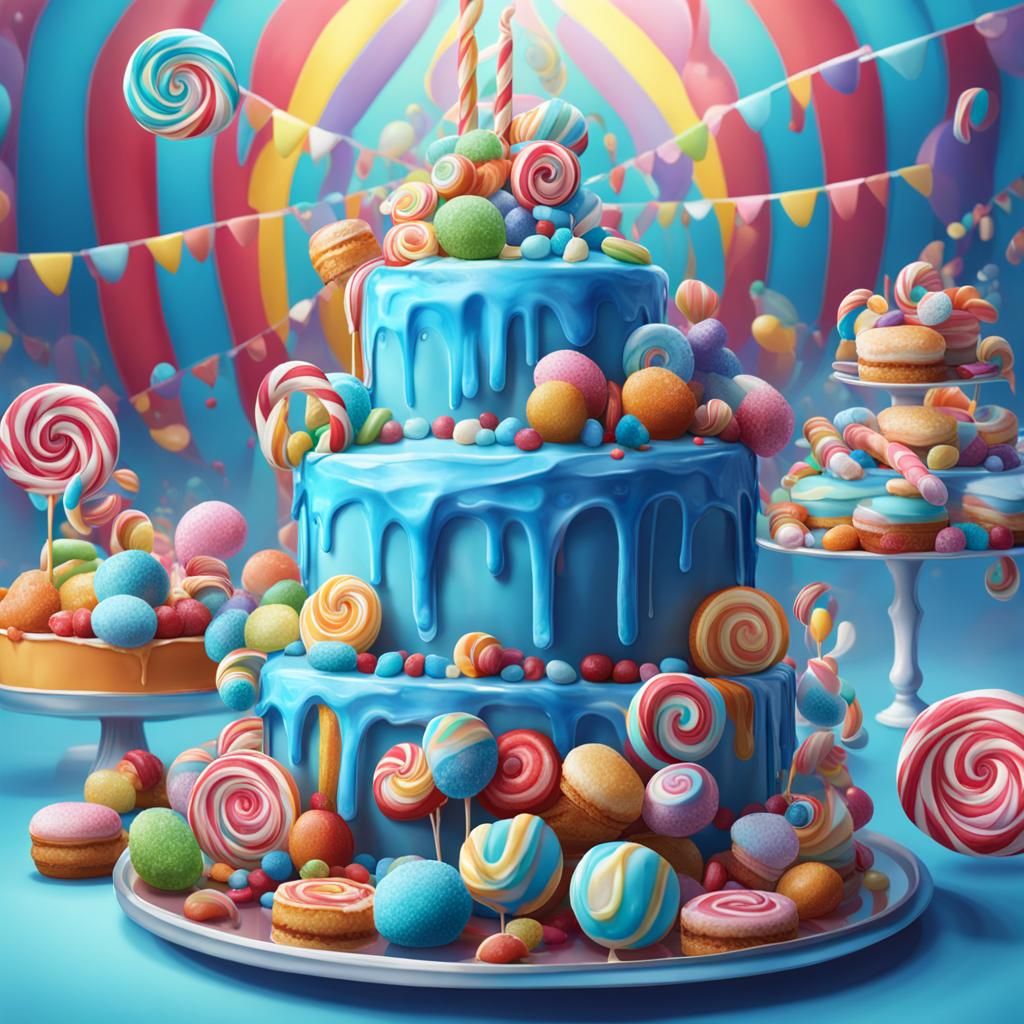 Blue Cake in Whimsical Candy Art Style