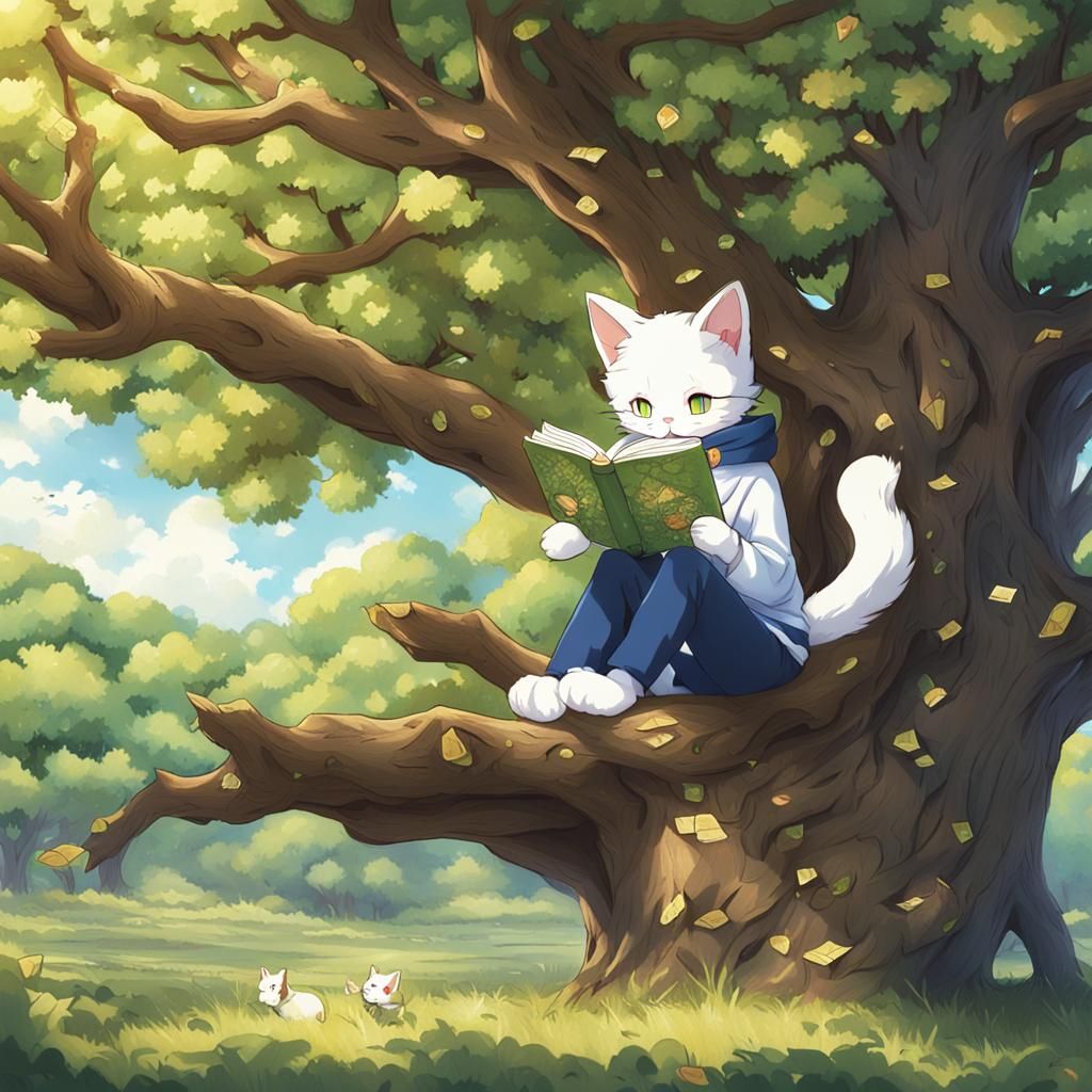 Cat Reading Book in Oak Tree, Anime Style