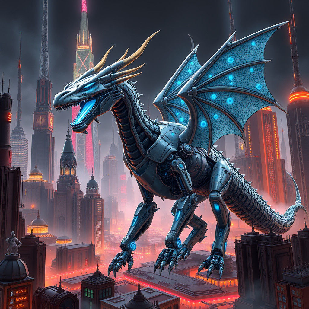 Majestic Robot Dragon in Cyberpunk Cityscape