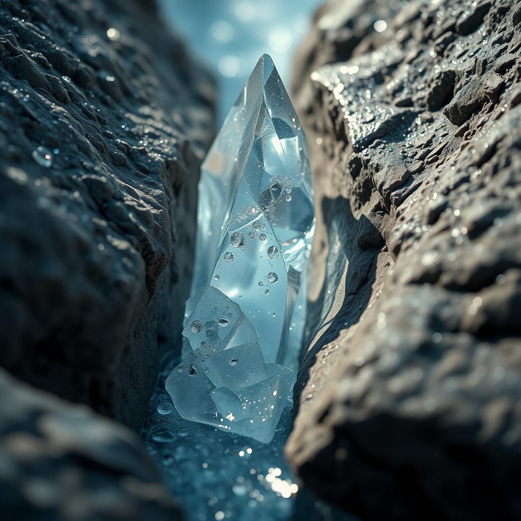 Ice Wedge Between Rocks with Water Droplets