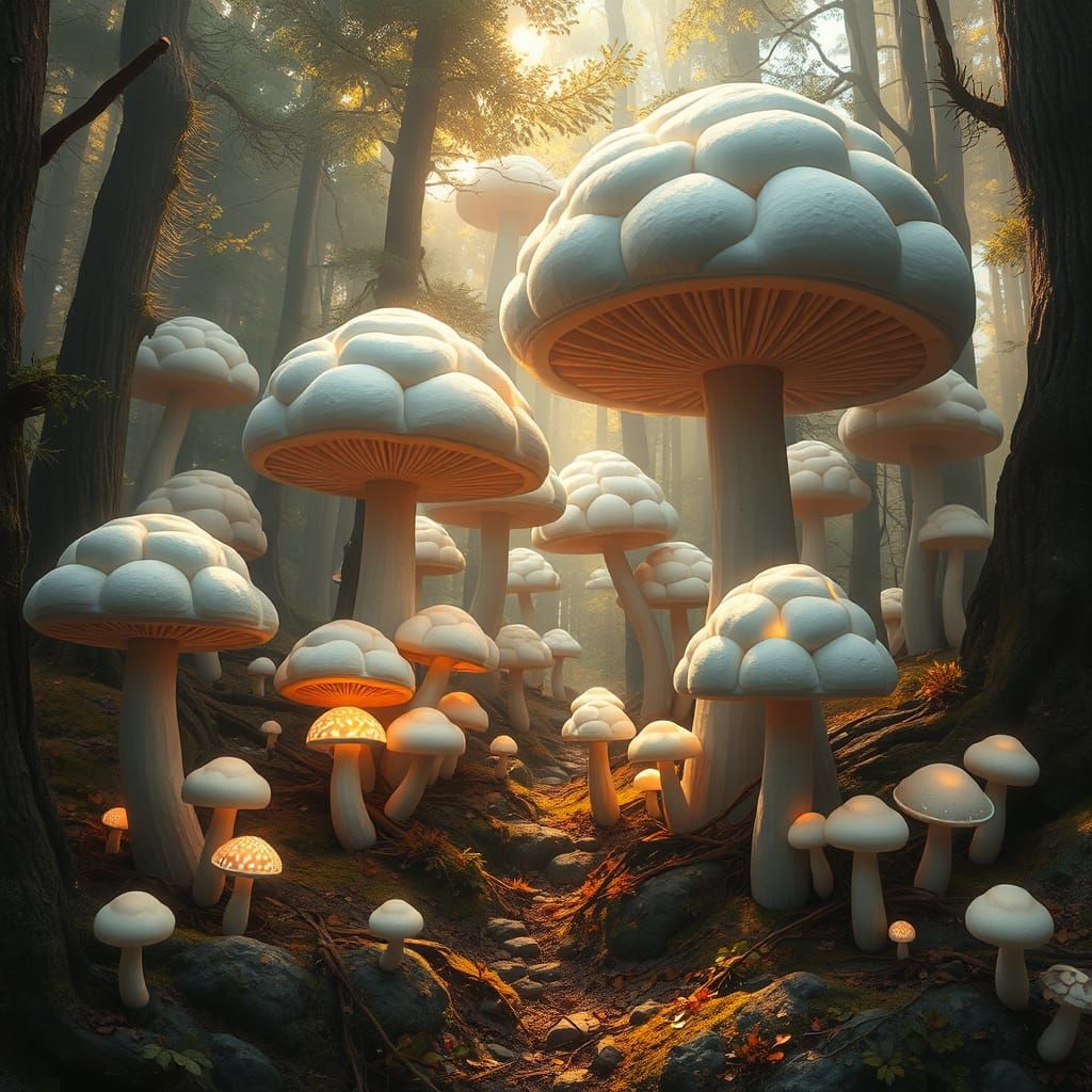 Whimsical Forest of Glowing Marshmallow Mushrooms in a Fanta...