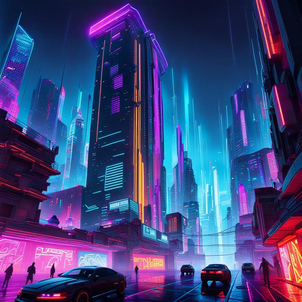 Cyberpunk Metropolis with Floating Skyscraper, Digital Art
